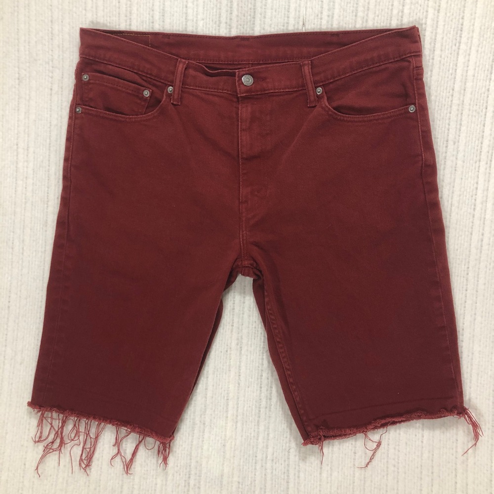 Levis 511 Slim Fit Cut Off Denim Shorts Mens 38 Burgundy Red Frayed Hem